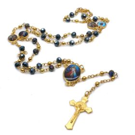 QIGO Crystal Rosary Necklace For Women Long Gold Cross Pendant Religious Jewelry